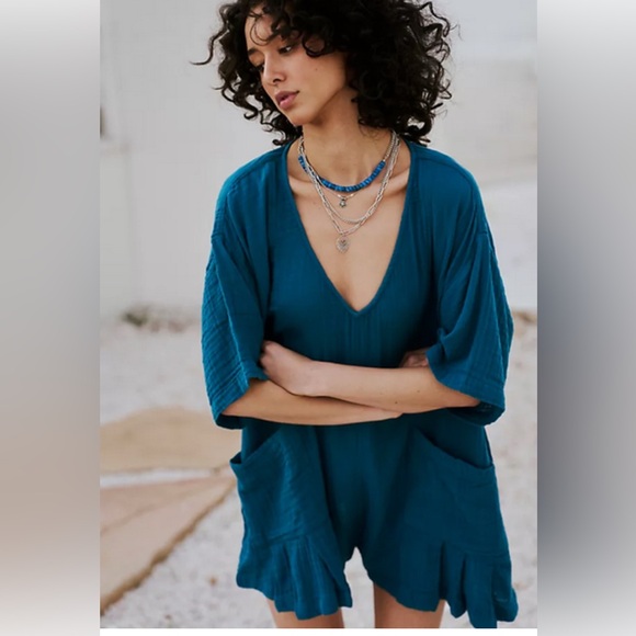 Free People Dresses & Skirts - Free People Free-Est - So Lively Romper Teal Sapphire Draped Sleeves Ruffle L